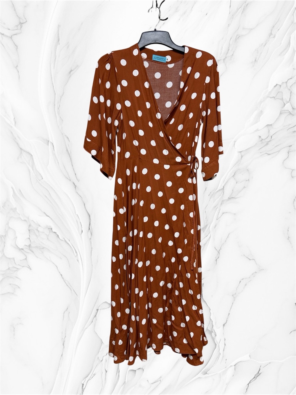 Spirito Rust Brown Polka Dot Midi Wrap Dress medium